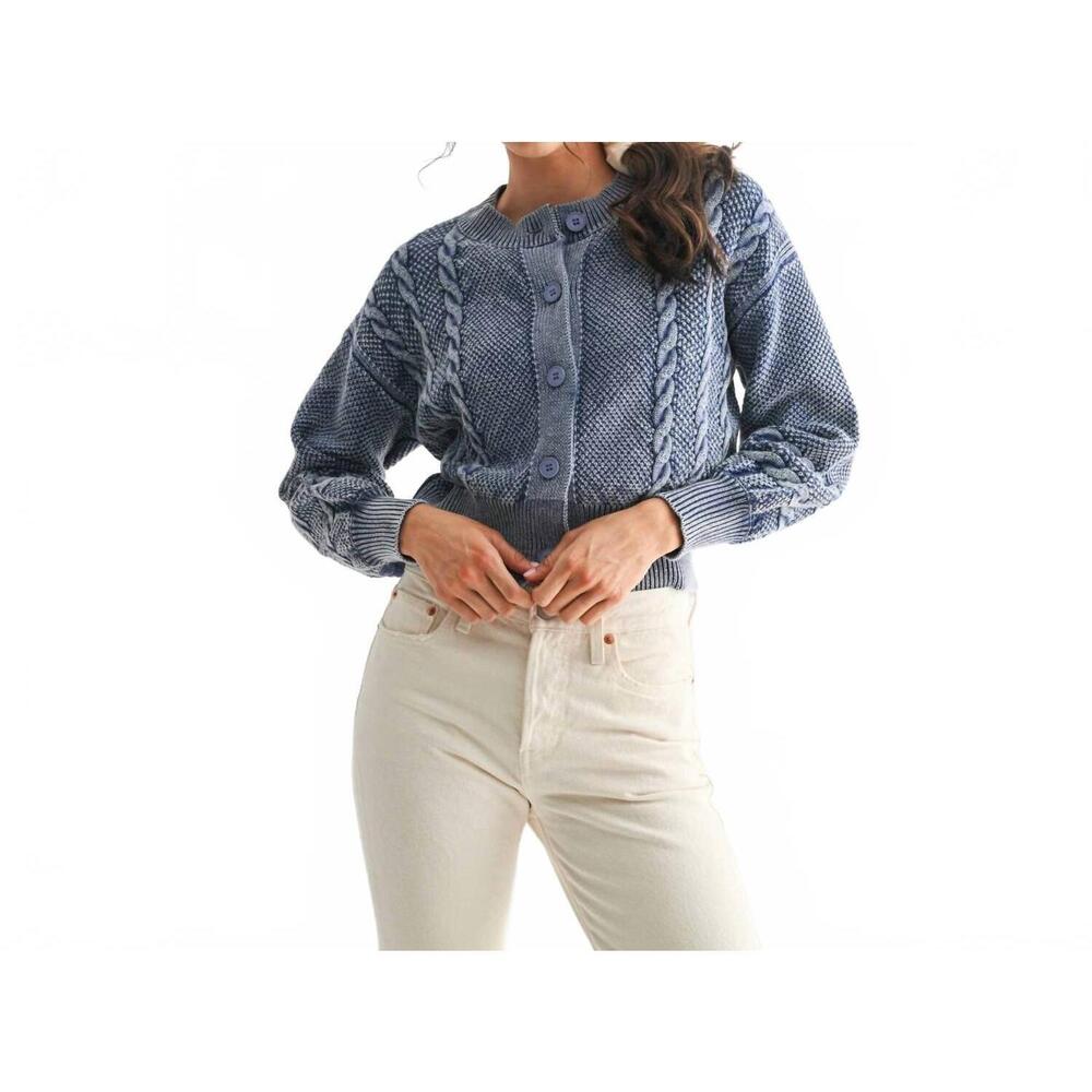 NEW CAMELLIA washed blended cable knit cardigan in denim blue